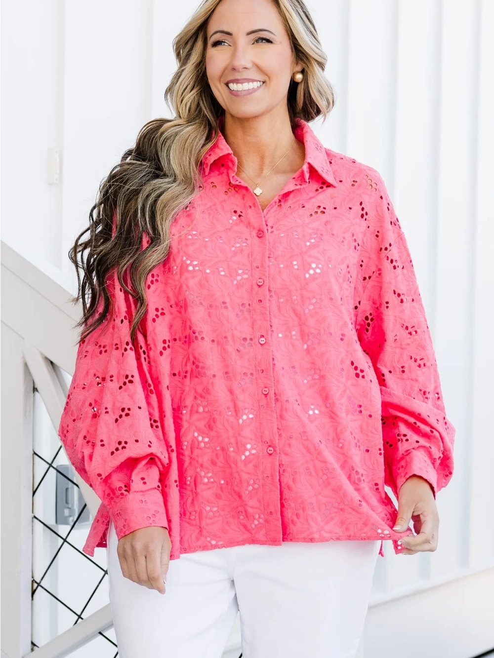 Chic Soul Coral Eyelet Button-Down Shirt